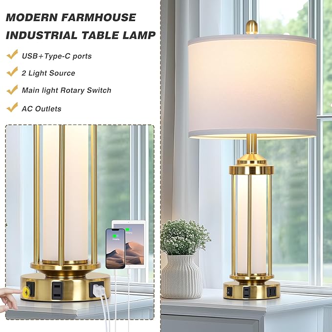 Modern Table Lamps, Gold 27" Industrial Table Lamp Set of 2 with USB A+C Charging Ports & AC Outlet, Farmhouse Rustic Beside Lamp for Living Room Bedroom Office End Table(4 LED Bulbs Included)