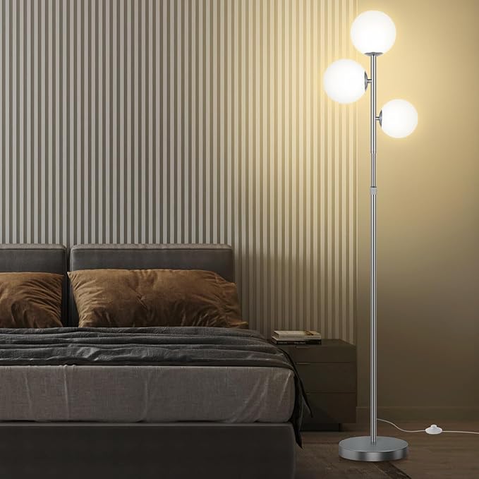 67" Mid Century Floor Lamps for Living Room, 3 Globe Floor Lamp with Frosted Glass Shades, Adjustable Height Standing Lamp with Foot Switch, Tall Lamps for Bedroom Office, G9 Bulbs Included, Silver