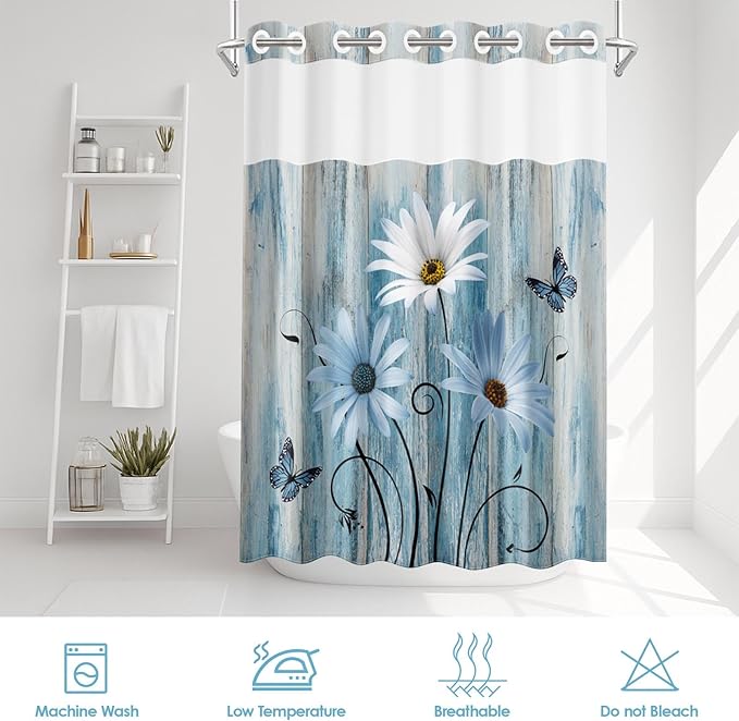 No Hook Blue Daisy Shower Curtain with Snap in Fabric Liner Set, Wooden Boards Double Layers Waterproof Fabric with See Through Top Window Open Grommet Bath Curtain 54x80 Inch