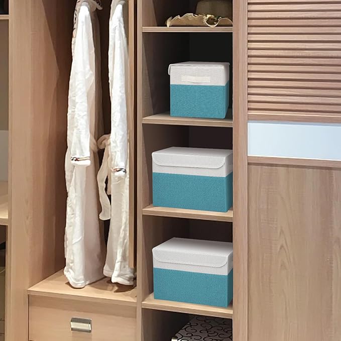 Large 22 Quart Linen Fabric Foldable Storage Bin Cube Organizer Basket with Flip-Top Lid & Handles, Clothes Blanket Box for Home, Office, Closet, Teal & White, 4 Pack 14.6 x 9.5 x 9.5
