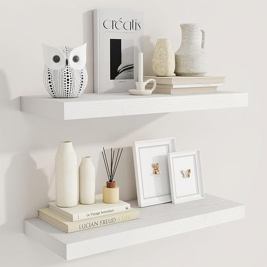 Fun Memories 24 Inch Floating Shelves for Wall, 9 Inch Deep White Rustic Wood Wall Mounted Shelves for Bathroom, Kitchen, Living Room, Set of 2