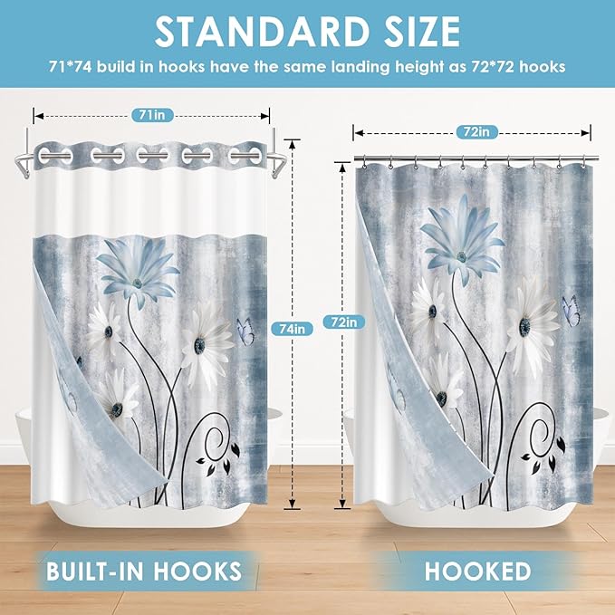 No Hook Rustic Farmhouse Shower Curtain with Snap in Fabric Liner Set, Blue Daisy Flowers and Butterfly on Country Wooden Double Layers Waterproof with See Through Top Bath Curtain 71x74 Inch