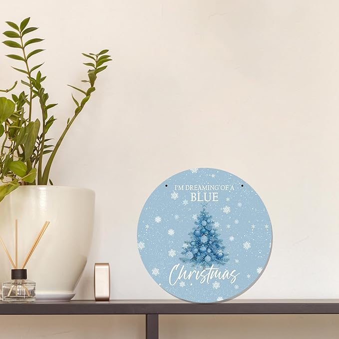 CGBHW Blue Christmas Tree Wooden Sign, Winter Holiday Theme Hanging Sign Wall Decor for Girls Room Home College, Aesthetic Christmas Xmas Snowflake Door Decor 12 x 6 Inch