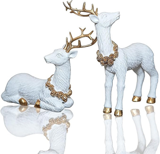 2pcs Pine Nut Reindeer Christmas Decorations, Deer Figurines Home Decor, Elk Figurine, Holiday Home Décor Accents for Xmas Office Living Room & Bedroom Decorations (Pine Nut Medium, White)