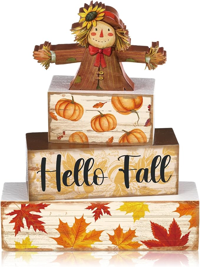 4 Pcs Fall Decor for Home Scarecrow Pumpkin Wooden Signs with Sayings Autumn Scarecrow Tiered Tray Decor Hello Fall Tabletop Centerpiece Maple Leaf Block Signs for Thanksgiving Office Kitchen Shelf