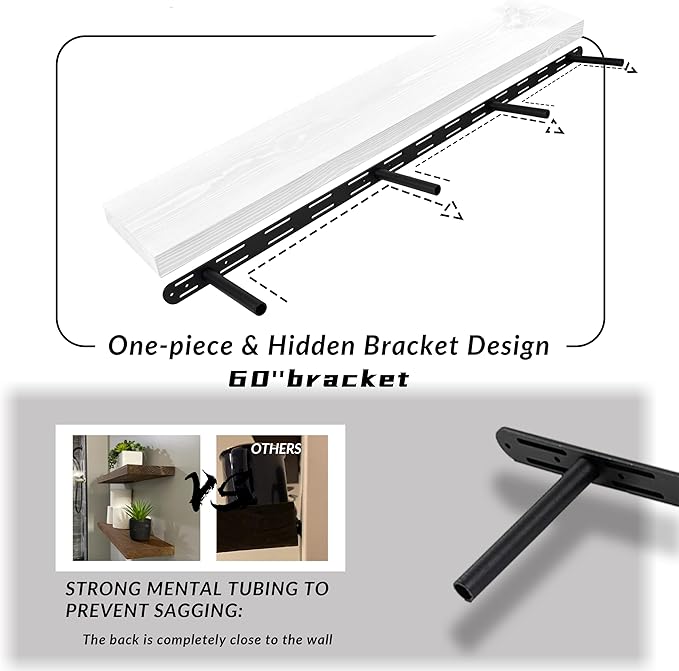 Rustic Floating Shelves 60 inch Long 8 "deep Set of 2, Heavy Duty Wood Wall Mounted Shelves for Bathroom Living Room Kitchen,Book Shelves with Thickened Hidden Bracket-White