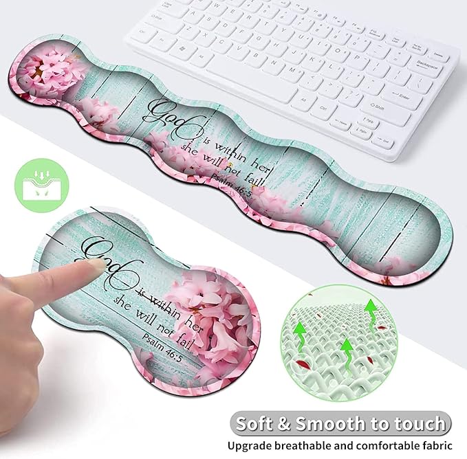 Mouse Pad Set, Large Gaming Mouse Pad + Keyboard Wrist Rest Support + Mouse Wrist Cushion + Coaster, Non-Slip Rubber Base, 31.5 x 11.8 in Extended Desk Mat for Office, Psalm 46-5 Pink Hyacinth