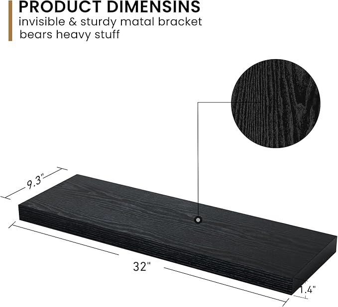 Fun Memories 36Inch Floating Shelves, 9.3Inch Deep Rustic Wall Shelves - Extra Deeper & Thicker Wall Mounted Storage Shelf for Kitchen, Farmhouse - Set of 2 - Rustic Black