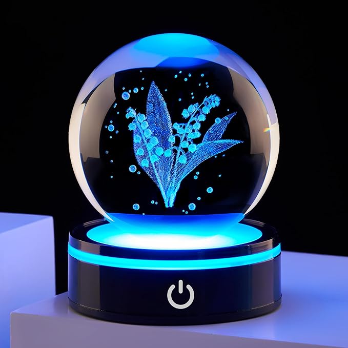 3D Linglan Flower Statue, Colorful LED Base, Suitable for Friends, Teachers, Mothers, Birthdays, Friends, Colleagues, Wives as Gifts, Linglan Flower Decorative Glass Ball as a Love Desktop Gift