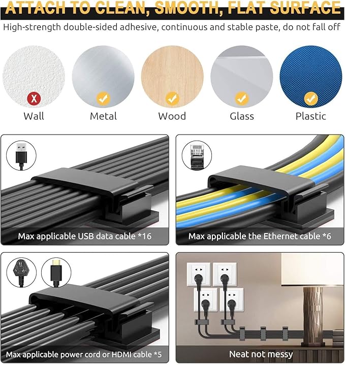 50Pack Self Adhesive Cable Management Clips, Cable Organizers Wire Clips Cord Holder for TV PC Laptop Ethernet Cable Desktop Home Office Indoor/Outdoor