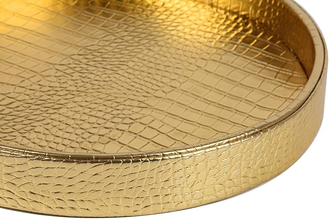 HofferRuffer Faux Leather Round Serving Tray, Vegan Croco Leather Decorative Tray, Food Tray for Storage Drinks, Snack & Cosmetics, Dia.12'' x 1.6'' (Gold)