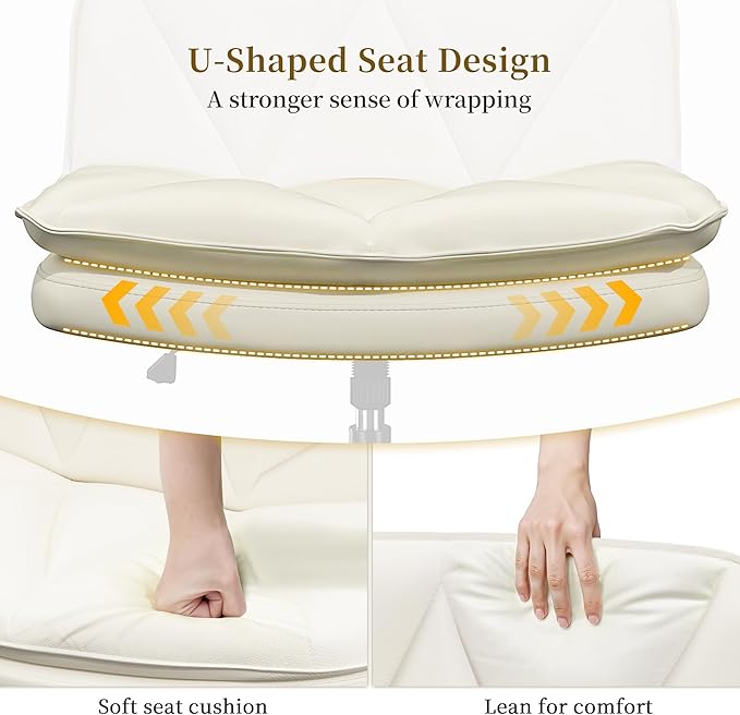 Armless Criss Cross Chair with Wheels, Leather Cross Legged Office Chair with 2-Layer Cushion,Swivel Modern Home Office Desk Chair 25.5" Wide Seat Height Adjustable,Comfy Vanity Chairs,Beige