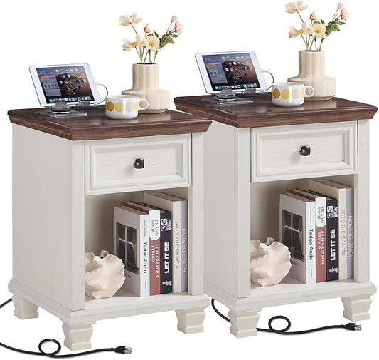Farmhouse End Tables Living Room Set of 2, Rustic Wood Nightstand with 1 Drawer, Bedside Table with Open Shelf for Bed Room, Side Table for Living Room, White