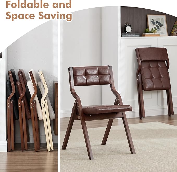2-Pack Folding Dining Chairs with Cushion,Faux Leather Padded Foldable Dining Chairs,Portable Wooden Folding Chairs for Dining Rooms Kitchen Wedding and Party Indoor Brown