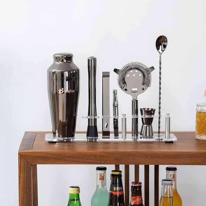 Cocktail Shaker Set with Arcylic Stand, Mixology Bartender Kit for Drink Mixing | Mixology Set with 7 Bar Set Tools Cocktail Kit (Black)