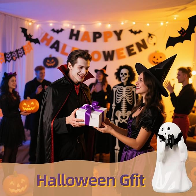 Halloween Ghost Figurine with Black Bat, Funny Ghost Decor, Ghost Statue Halloween Decor, Cute Decorations for Home Table Fireplace,Party Decorations, Small Gifts