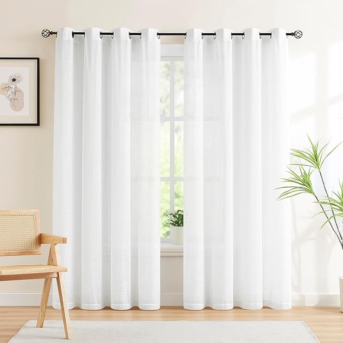 White Sheer Curtains for Living Room 72" Long Wrinkle Free Linen Textured Window Drapes for Bedroom Not See Through Light Filtering Curtain Panels 54”w x 1 Pair Rod Pocket