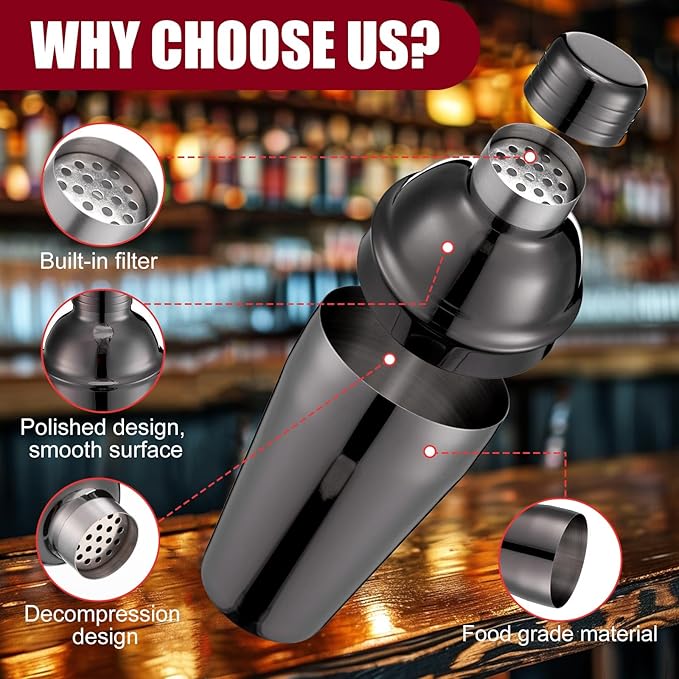 Nitial 6 Pcs Bar Cocktail Shaker Professional Stainless Steel Martini Drink Mixer with Built-in Strainer for Bartending No Leaks Boston Shaker for Bar Party Drink Mixing Tool(18.6 oz,Black)