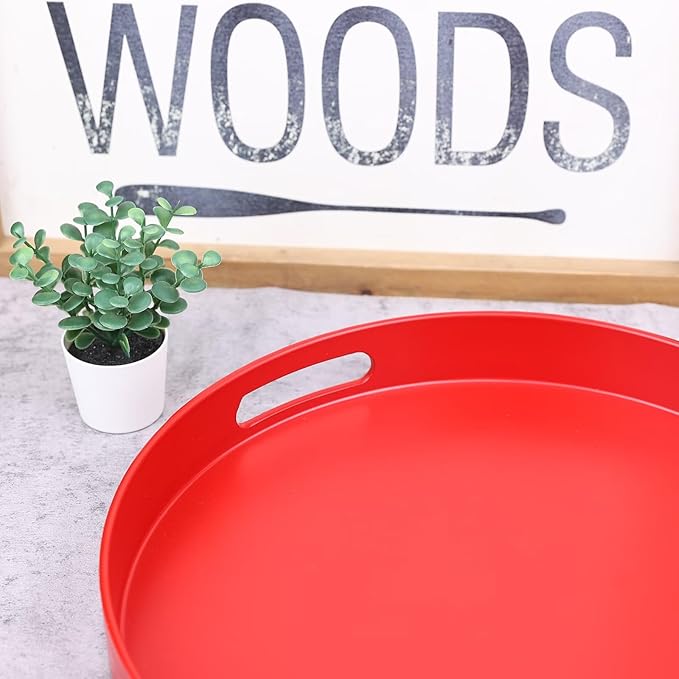 Round Red Decorative Serving Tray with Handles, 13” Versatile Ottoman Tray for Coffee Table, Entertaining, Outdoor Patio, Living Room