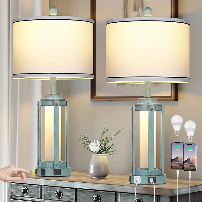 Farmhouse Lamps Set of 2, 26" Vintage Rustic Industrial Beside Lamps with USB A+C Charging Ports & AC Outlet, Nightstand Metal Lamp with LED Night Light & Fabric Shade for Living Room Bedrooms Blue