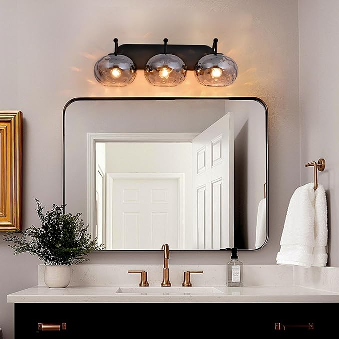 23" Matte Black Vanity Light Smoked Hammered Glass Wall Sconce 3-Light Grey Lampshade Wall Lamp for Hallway Living Room Stairwell Bathroom Over Mirror