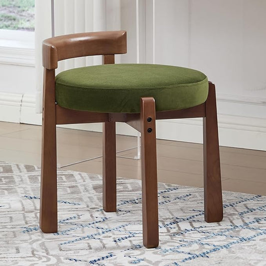 DUOMAY Modern Velvet Vanity Stool, Upholstered Low Back Ottoman with Solid Wood Legs Cute Round Footrest Makeup Stool Dressing Seat for Living Room Bedroom, Green