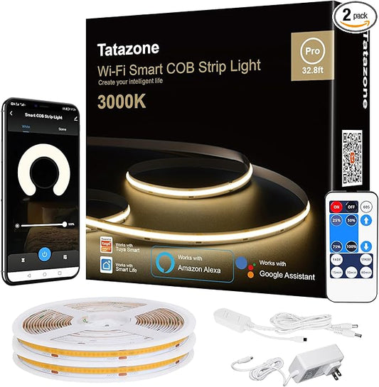 Smart White COB Led Strip Light with Remote, 32.8ft 3000K Bright Warm White WiFi COB Light Strip Compatible with Alexa Google, Dimmable Indoor Led Lights for Cabinet, Room, 2 Rolls of 16.4ft