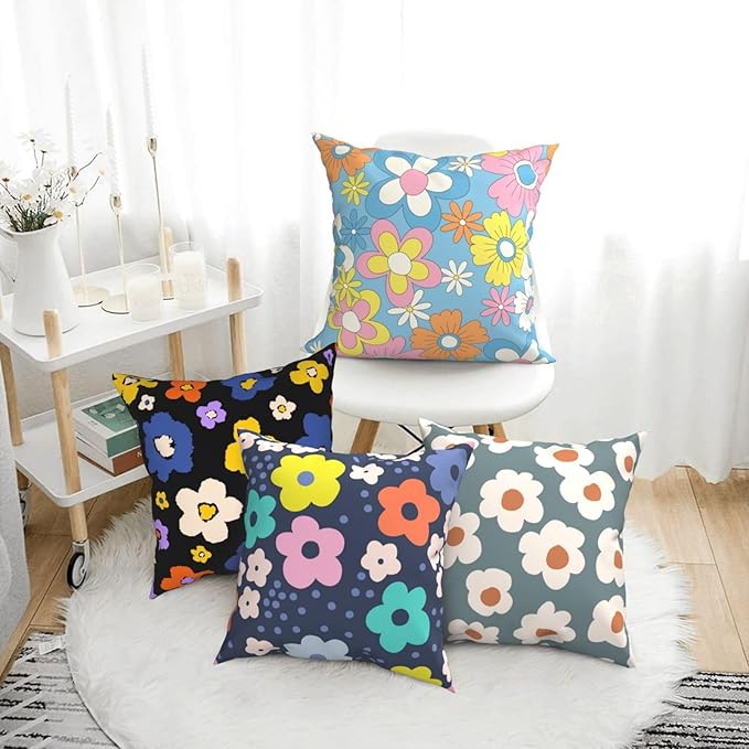 Boho Hippie Floral Pillow Covers 18 x 18 Inch Retro Groovy Throw Pillow Cover Set of 4 Colorful Boho Daisy Flowers Cushion Cover for Holiday Home Couch Sofa Decoration