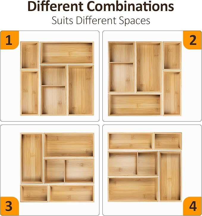 Bamboo Drawer Organizer Set, 5-PCS Adjustable Kitchen & Office Drawer Organizers, Multipurpose Storage Trays for Utensils, Makeup, Jewelry, Bathroom & Desk Accessories