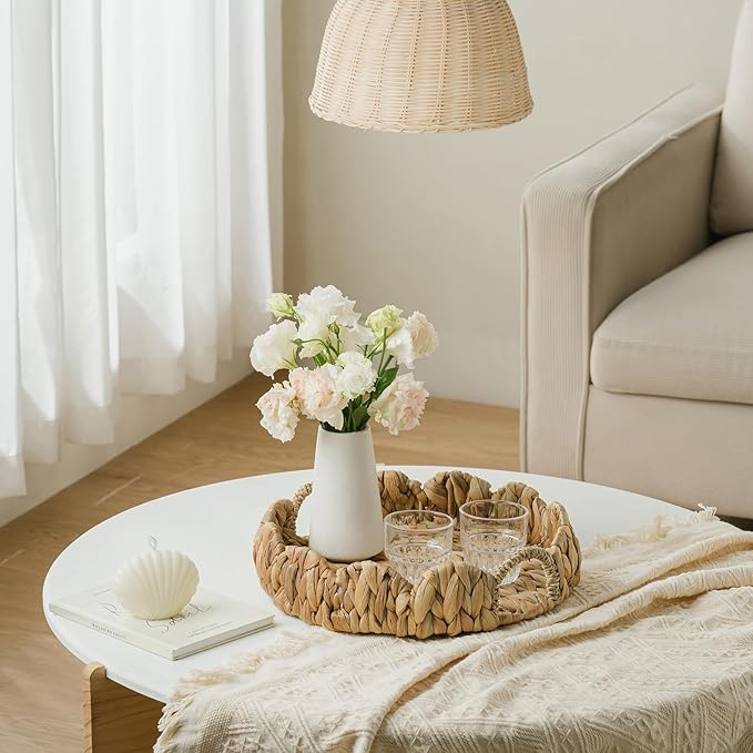 Round Wicker Scalloped Serving Tray with Handles - Seagrass Handwoven Trays,Water Hyacinth Tray for Home Decor and Living Room, Dining Table, Bathroom Organizing, 12.9" L x 12.9" W x 3.5" H