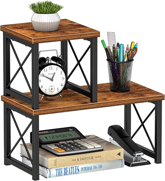 Honiter Desk Shelf Organizer, Desk Shelf for Top of Desk, 2 Tier Adjustable Small Bookshelf Organizer, Freestanding Stackable Desktop Stand, Kitchen Counter Display Rack, Rustic Brown