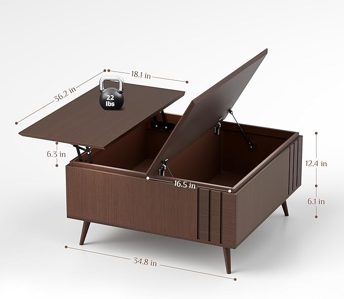 Lift Top Coffee Table with Storage,36" Large Square Coffee Tables for Living Room,Mid Century Modern Center Table for Home, Dark Walnut