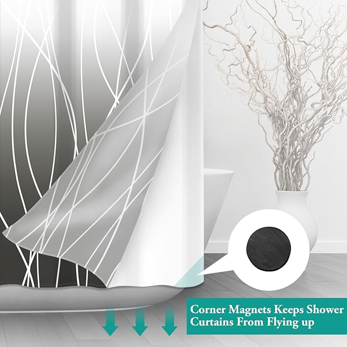 No Hook Ombre Dark Grey Striped Stall Shower Curtain with Snap in Fabric Liner Set - Hotel Shower Curtain and Liner Set with See Through Mesh Top Window,Machine Washable, 54x80 INCH