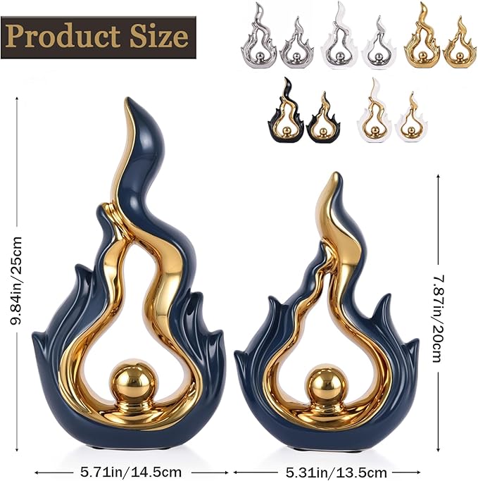 2 Pcs Navy Blue and Gold Ceramic Sculptures for Home Decor, Modern Abstract Art Statues, Centerpieces for Dining Room Table, Living Room, Shelf, Mantel, Coffee Table, Entryway Accent Decorations