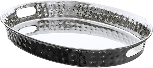 Monarch Abode Hand Hammered Metal Serving Tray with Handles, 17-Inch Black and Nickel Finish – Oval Serving Platter, Large Serving Tray for Party, Fruit Platter, Dessert Trays, Serving Dishes