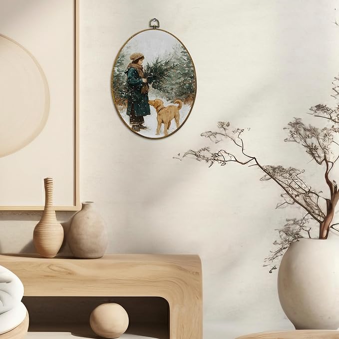 CUANFDDSF Rustic Winter Christmas Scene Oval Wall Art Decor, Winter Forest Girl and Lab Dog Wall Hanging Decor, Cozy Christmas Holiday Framed Canvas Prints for Home Bedroom Living Room, 8.6x11.4 Inch