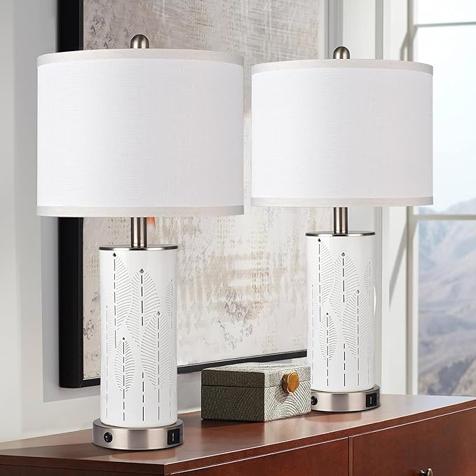 Ceramic Engraved Translucent Light Decorative 25" Table Lamps Set of 2 with Nightlight,E26 Socket&Rotary Switch,USB A+C Ports,Modern Bedside Lamps for Nightstand,Bedroom(Bulbs Included)