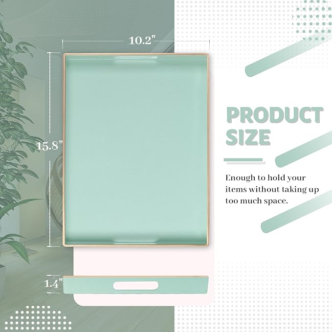 MAONAME Mint Green Serving Tray with Handles, Modern Decorative Trays for Coffee Table, Plastic Rectangular Trays for Ottoman, Bathroom, Decor, 15.8” x 10.2” x1.4