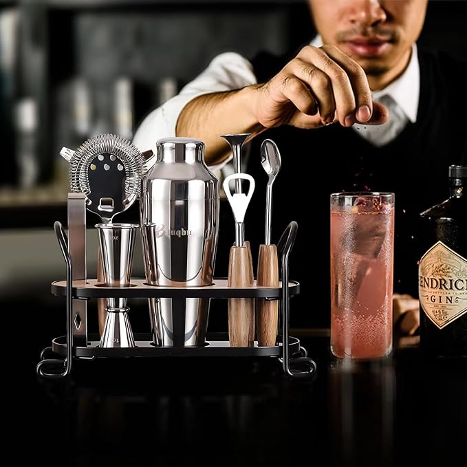 Cocktail Shaker Set with Stand, Mixology Bartender Kit for Drink Mixing | Mixology Set with 7 Bar Set Tools Cocktail Kit
