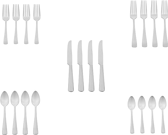 Amazon Basics 20-Piece Stainless Steel Flatware Set with Square Edge, Service for 4, Silver