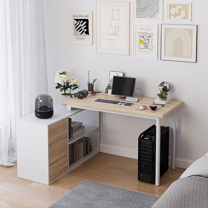 L Shape Computer Desk with 3 Drawers and 2 Shelves, Home Office Desk Corner Small Desk with Storage Cabinet for Writing Study Executive – Walnut and White