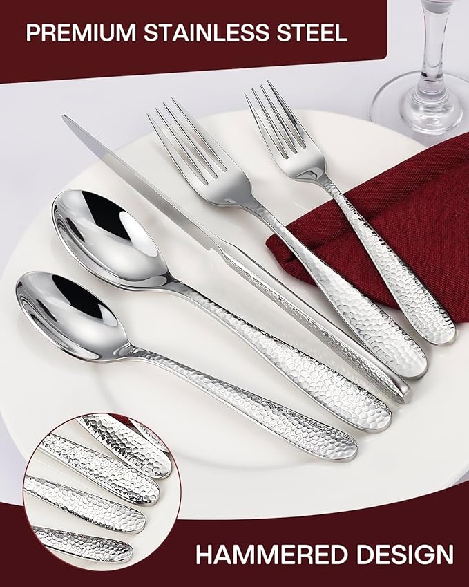 Hammered Silverware Set, EUIRIO 40-Piece Heavy Duty Cutlery Set for 8, Stainless Steel Flatware Set, Food-Grade Utensil Sets Includes Spoons Forks and Knives, Mirror Finish Dishwasher Safe
