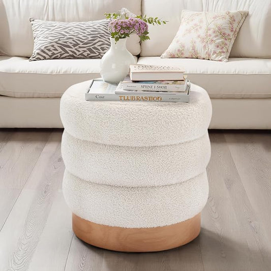 COLAMY Sherpa Ottoman Footstool, Tufted Modern Foot Rest Stool with Wood Base for Living Room, Bedroom, Desk, Round Versatile Side End Table, Pouf, Makeup Seat, Cream