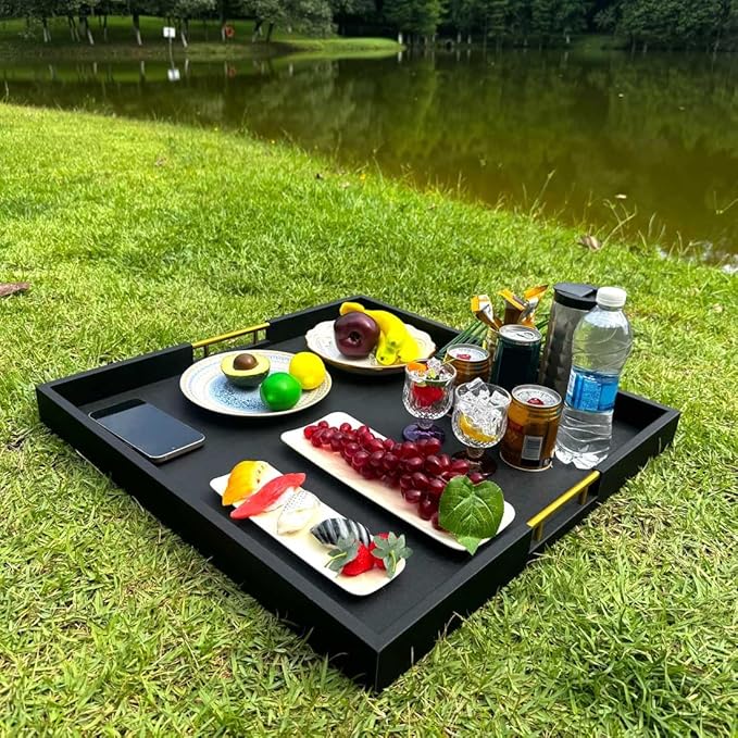 24x24 Inches Extra Large Black Faux Leather Wrapped Wood Ottoman Tray with Golden Handles for Serving Food and Breakfast On Bed, Square Coffee Table Organizer, Home Decor and Decorative