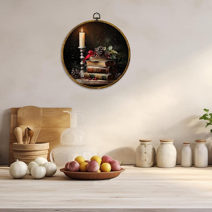 CUANFDDSF Vintage Moody Christmas Book Round Wall Art, Rustic Christmas Candle Bookish Framed Hanging Wall Decor, Cozy Xmas Winter Canvas Prints Decorations for Home Library Reading Room, 10x10 Inch