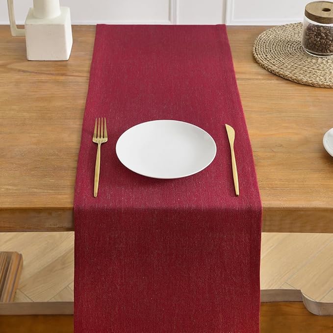 Wracra Linen Style Table Runner, Rustic Farmhouse Christmas Red Table Runners 108 Inches Long, Handcrafted Table Runner for Fall, Winter - Everyday Use and Machine Washable