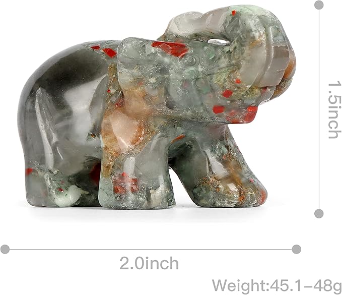 SMQ 2.0" Africa Bloodstone Crystal Elephant Statue,Hand Carved Healing Crystal Gemstone Elephant Animal Figurine Crafts Gifts Decor for Home Office Desk