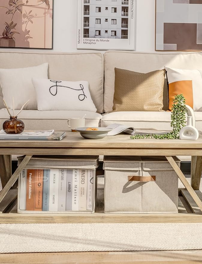 StorageWorks Storage Bins with Lid and Clear Window, Fabric Storage Boxes with Lids, Stackable Basket for Shelves, Closet Organizer and Storage Bins, Brown and Beige, Jumbo, 4-Pack