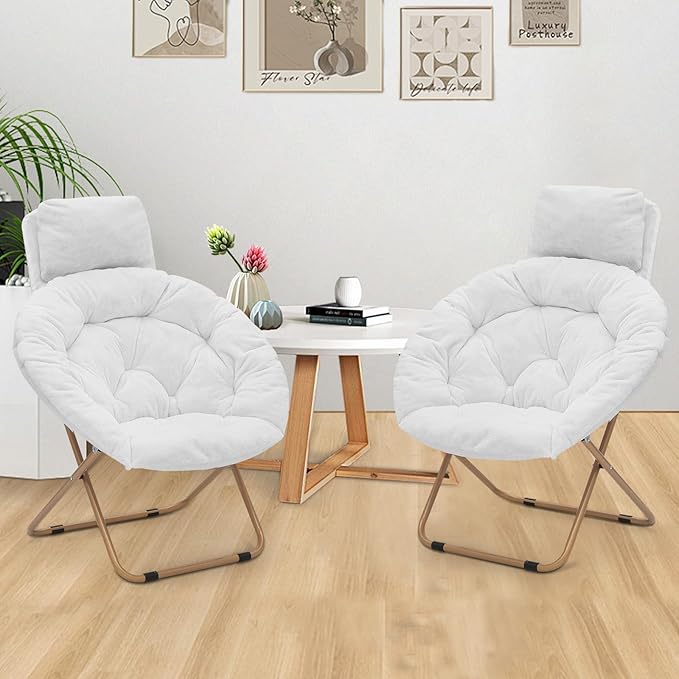 Athena Collection Comfy Saucer Chair with Headrest Oversize Round Cozy Chair Folding Chair Faux Fur Metal Frame Foldable Reading Chair Accent Chair for Bedroom Living Room Set of 2, White