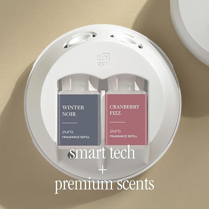 Pura - Smart Home Fragrance Device Starter Set - Pura 4 - Scent Diffuser for Home - Includes Fragrance Aroma Diffuser - Square Box, Winter Noir and Cranberry Fizz Scent Refills